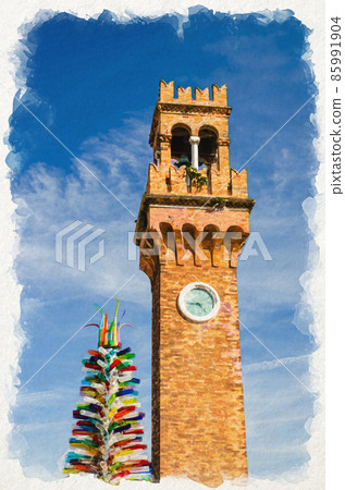 Watercolor drawing of Top of Murano clock tower Torre dell'Orologio Watercolor drawing of Top of Murano clock tower Torre dell'Orologio 85991904