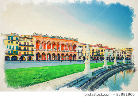 Watercolor drawing of Padua cityscape with Palazzo Loggia Amulea palace 85991906
