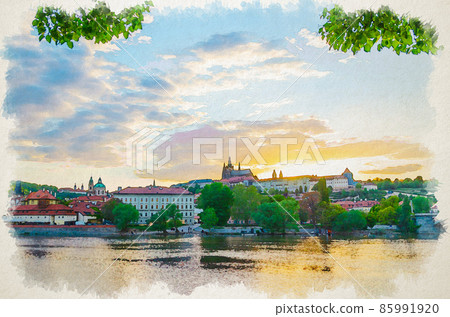 Watercolor drawing of Prague historical city center Watercolor drawing of Prague historical city center 85991920