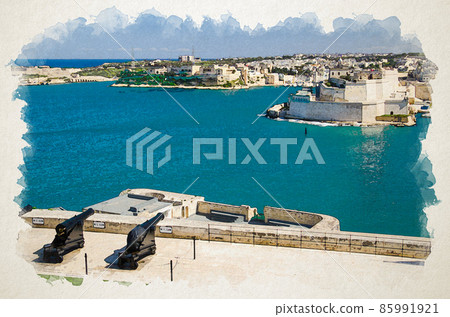 Watercolor drawing of Saluting Battery of Cannons at the Fort Lascaris St. Angelo of La Vittoriosa upper Barrakka gardens view to the port and Grand Harbor of Valletta 85991921