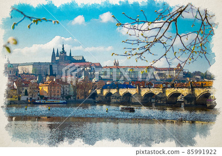 Watercolor drawing of Prague historical center with the Castle, St. Vitus Cathedral, Hradcany, Charles bridge view from Vltava river and blossom branches Watercolor drawing of Prague historical center with the Castle, St. Vitus Cathedral, Hradcany, Charles bridge view from Vltava river and blossom branches 85991922