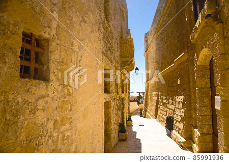 Watercolor drawing of Narrow stone streets with yellow buildings in the old medieval Cittadella tower castle, also known as Citadel 85991936