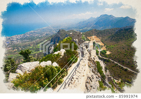 Watercolor drawing of View of Kyrenia Girne mountains and town from medieval Saint Hilarion Castle in front of blue sky with white clouds and Mediterranean sea Watercolor drawing of View of Kyrenia Girne mountains and town from medieval Saint Hilarion Castle in front of blue sky with white clouds and Mediterranean sea 85991974