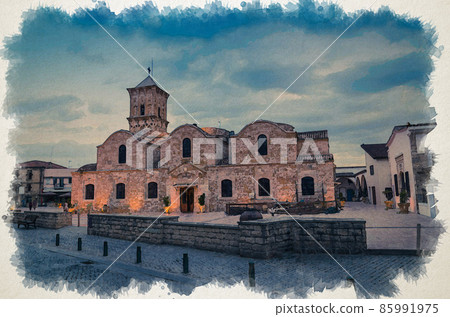 Watercolor drawing of Orthodox Church of Saint Lazarus Agios Lazaros on the central square in the old part of Larnaca town at sunset dusk twilight Watercolor drawing of Orthodox Church of Saint Lazarus Agios Lazaros on the central square in the old part of Larnaca town at sunset dusk twilight 85991975