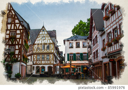 Watercolor drawing of Old architecture houses in the center of Mainz 85991976