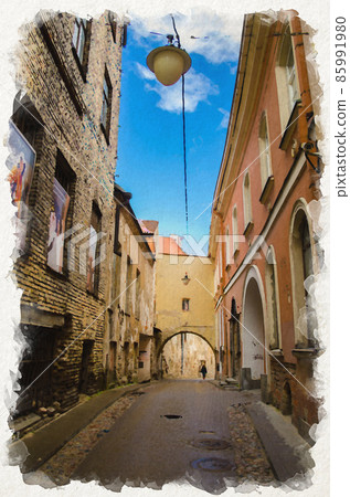 Watercolor drawing of Narrow streets of Vilnius old town with arch, buildings with brick walls and street lamp Watercolor drawing of Narrow streets of Vilnius old town with arch, buildings with brick walls and street lamp 85991980