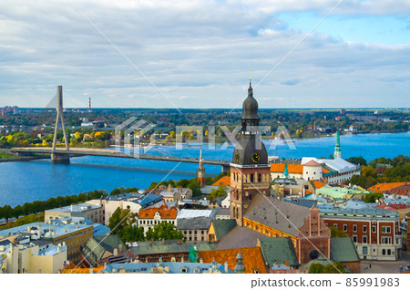 Watercolor drawing of Panorama view of Riga Cityscape Old Town, Dome cathedral, Cathedral Basilica of Saint James, Riga castle and River Daugava 85991983