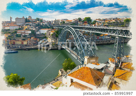 Watercolor drawing of Aerial view of Ponte Luis Bridge over Douro River, tiled roofs of colorful buildings and old historic district Ribeira in Porto 85991997