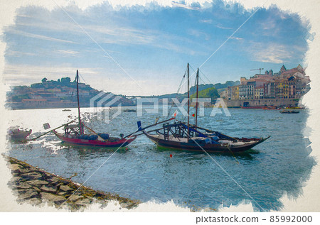 Watercolor drawing of Portugal, Porto wooden boats with wine port barrels close up on Douro, Porto by river, Porto in summer, riverbed Douro 85992000