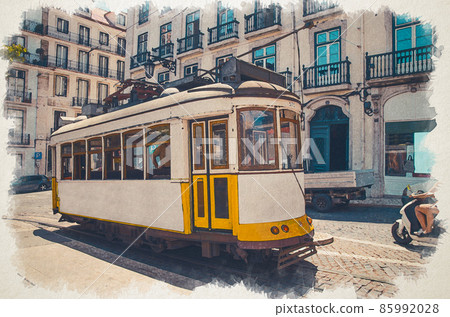 Watercolor drawing of Famous yellow tram 28 in Lisboa Lisbon on Largo Luis de Camoes square Watercolor drawing of Famous yellow tram 28 in Lisboa Lisbon on Largo Luis de Camoes square 85992028