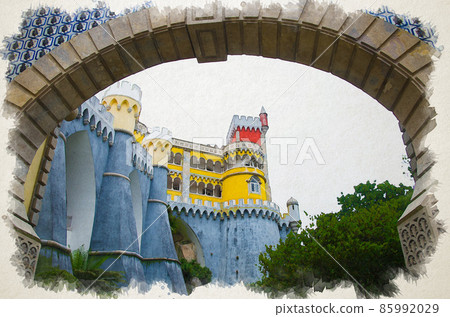 Watercolor drawing of Pena National Palace or Palacio da Pena in Sintra. Pena Castle is Unesco Heritage near Lisbon Lisboa Watercolor drawing of Pena National Palace or Palacio da Pena in Sintra. Pena Castle is Unesco Heritage near Lisbon Lisboa 85992029