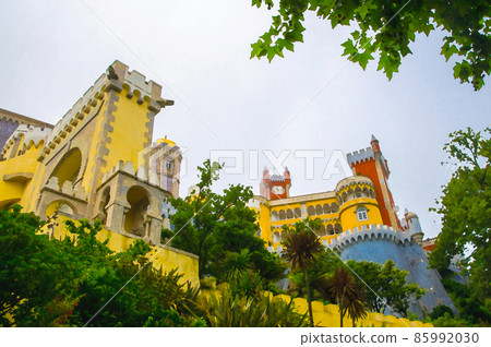 Watercolor drawing of Pena National Palace or Palacio da Pena in Sintra 85992030