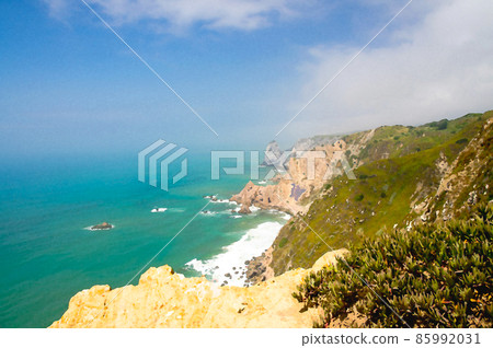 Watercolor drawing of Cape Roca - The Western point of Europe, Atlantic ocean coastline view from Cabo da Roca, Azure Atlantic water Watercolor drawing of Cape Roca - The Western point of Europe, Atlantic ocean coastline view from Cabo da Roca, Azure Atlantic water 85992031