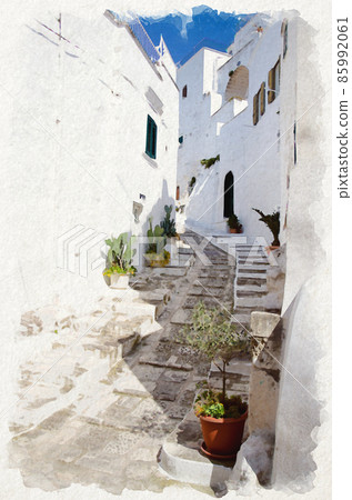 Watercolor drawing of Ostuni narrow streets with white walls buildings in Puglia Apulia 85992061