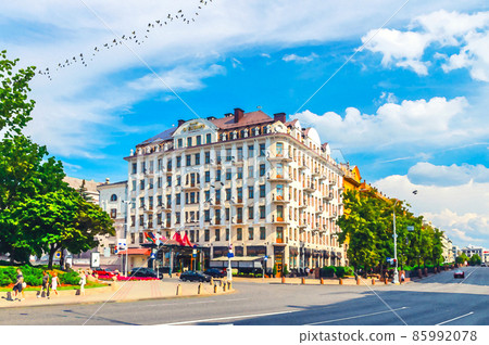 Watercolor drawing of Minsk: Hotel Europe modern style building on Freedom Svabody square Pobediteley Peramohi Avenue 85992078