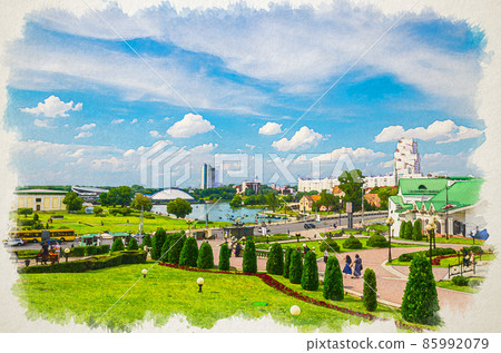 Watercolor drawing of Minsk: cityscape of Minsk city with Nemiga district, Traeckaje Trinity Suburb and Hotel Belarus near embankment of Svislach river 85992079