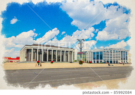 Watercolor drawing of Minsk: Palace of the Republic palatial government building with Presidential elections advertising announcement poster on October Square Watercolor drawing of Minsk: Palace of the Republic palatial government building with Presidential elections advertising announcement poster on October Square 85992084
