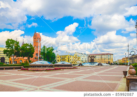 Watercolor drawing of Independence Square in Minsk city centre with Saints Simon and Helena Roman Catholic church or Red Church and Minsk Hotel Watercolor drawing of Independence Square in Minsk city centre with Saints Simon and Helena Roman Catholic church or Red Church and Minsk Hotel 85992087