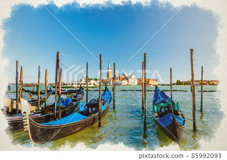 Watercolor drawing of Gondolas moored docked on water in Venice. Gondoliers sailing San Marco basin waterway. San Giorgio Maggiore island 85992093