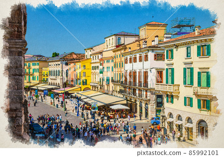 Watercolor drawing of Verona Row of old colorful multicolored buildings on Piazza Bra square in historical city centre, cafes and restaurants Watercolor drawing of Verona Row of old colorful multicolored buildings on Piazza Bra square in historical city centre, cafes and restaurants 85992101