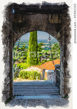 Watercolor drawing of Brescia Stone wall with merlons and drawbridge Gate of medieval Castle of Brescia or Castello di Brescia or Falcon of Italy 85992103