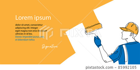 Man paints wall with painting roller. Renovation concept. Vector background, banner, poster. One continuous line art drawing illustration of wall painter 85992105