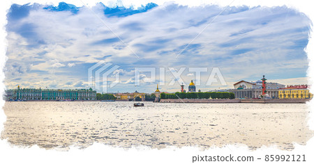 Watercolor drawing of Panorama of Saint Petersburg with Winter Palace, State Hermitage Museum, Palace Bridge across Neva river Watercolor drawing of Panorama of Saint Petersburg with Winter Palace, State Hermitage Museum, Palace Bridge across Neva river 85992121