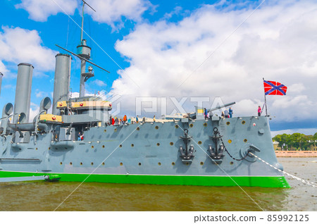 Watercolor drawing of Saint Petersburg: Aurora protected cruiser museum ship moored anchored on Neva river in Leningrad city 85992125