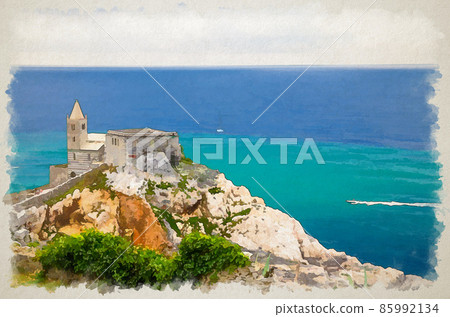 Watercolor drawing of Chiesa San Pietro catholic church, Lord Byron Parque Natural park De Portovenere town Watercolor drawing of Chiesa San Pietro catholic church, Lord Byron Parque Natural park De Portovenere town 85992134