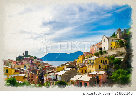 Watercolor drawing of Top aerial view of Vernazza typical village with colorful houses in National park Cinque Terre Watercolor drawing of Top aerial view of Vernazza typical village with colorful houses in National park Cinque Terre 85992146