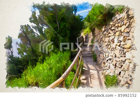 Watercolor drawing of Pedestrian hiking stone path trail with railing between Corniglia and Vernazza villages Watercolor drawing of Pedestrian hiking stone path trail with railing between Corniglia and Vernazza villages 85992152