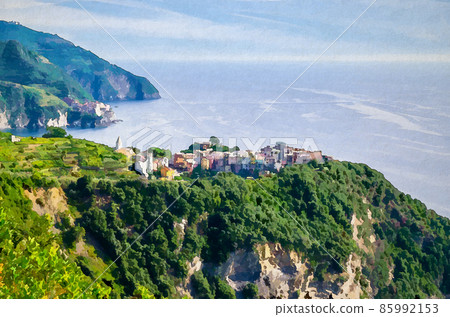 Watercolor drawing of Corniglia traditional typical Italian village in National park Cinque Terre 85992153