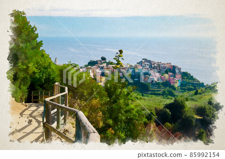 Watercolor drawing of Corniglia traditional typical Italian village in National park Cinque Terre Watercolor drawing of Corniglia traditional typical Italian village in National park Cinque Terre 85992154