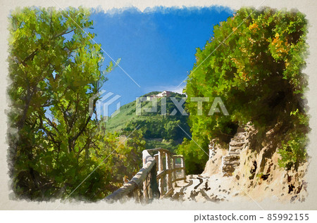 Watercolor drawing of Pedestrian hiking stone path trail with railing between Corniglia and Vernazza villages 85992155