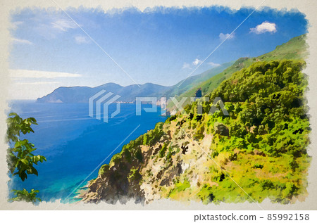 Watercolor drawing of Aerial top panoramic view of green hills, rocks, cliffs and Gulf of Genoa, Ligurian Sea 85992158