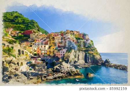 Watercolor drawing of Manarola traditional typical Italian village in National park Cinque Terre 85992159