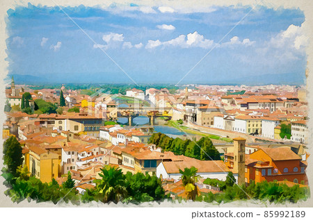 Watercolor drawing of Top aerial panoramic view of Florence city with Ponte Vecchio bridge over Arno river 85992189
