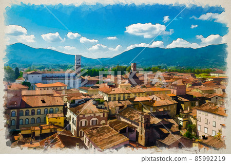Watercolor drawing of Aerial top panoramic view of historical centre medieval town Lucca with old buildings 85992219