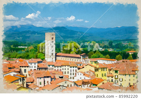 Watercolor drawing of Aerial top view of historical centre medieval town Lucca with old buildings 85992220