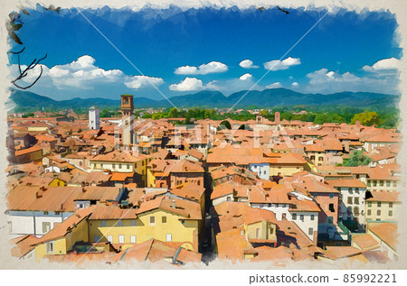 Watercolor drawing of Aerial top panoramic view of historical centre medieval town Lucca with old buildings Watercolor drawing of Aerial top panoramic view of historical centre medieval town Lucca with old buildings 85992221