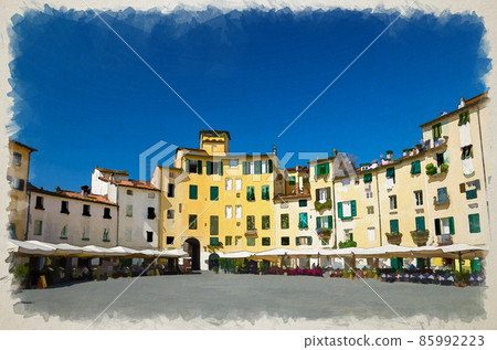 Watercolor drawing of Piazza dell Anfiteatro square in circus yard of medieval town Lucca historical centre Watercolor drawing of Piazza dell Anfiteatro square in circus yard of medieval town Lucca historical centre 85992223