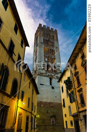 Watercolor drawing of Bell tower of Chiesa di San Frediano catholic church in historical centre of old town Lucca 85992229