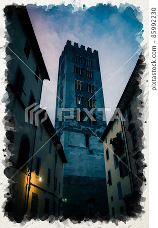 Watercolor drawing of Bell tower of Chiesa di San Frediano catholic church in historical centre of old town Lucca 85992230