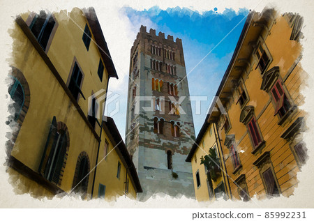 Watercolor drawing of Bell tower of Chiesa di San Frediano catholic church in historical centre of old town Lucca 85992231