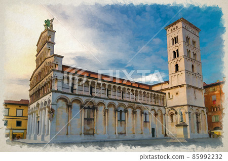 Watercolor drawing of Chiesa di San Michele in Foro St Michael Roman Catholic church of old medieval town Lucca Watercolor drawing of Chiesa di San Michele in Foro St Michael Roman Catholic church of old medieval town Lucca 85992232