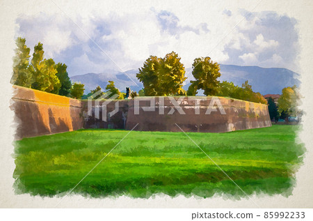 Watercolor drawing of Defensive brick city wall, grass green lawn, trees and Tuscany hills Watercolor drawing of Defensive brick city wall, grass green lawn, trees and Tuscany hills 85992233