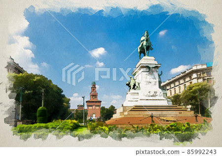 Watercolor drawing of Monument Giuseppe Garibaldi statue on Largo Cairoli and old medieval Sforza Castle Watercolor drawing of Monument Giuseppe Garibaldi statue on Largo Cairoli and old medieval Sforza Castle 85992243