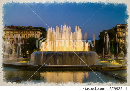 Watercolor drawing of Lighting fountain Fontana di Piazza Castello square near old medieval Sforza Castle 85992244