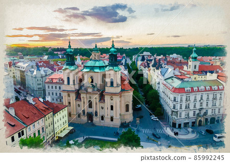 Watercolor drawing of Top aerial view of Prague Old Town Square Stare Mesto historical city centre Watercolor drawing of Top aerial view of Prague Old Town Square Stare Mesto historical city centre 85992245