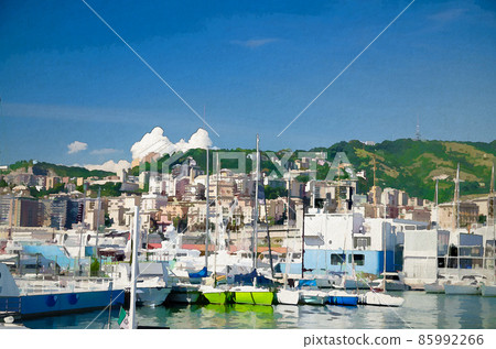 Watercolor drawing of Port Porto Antico harbor with luxury white yachts in historical centre of old european city Genoa Genova 85992266